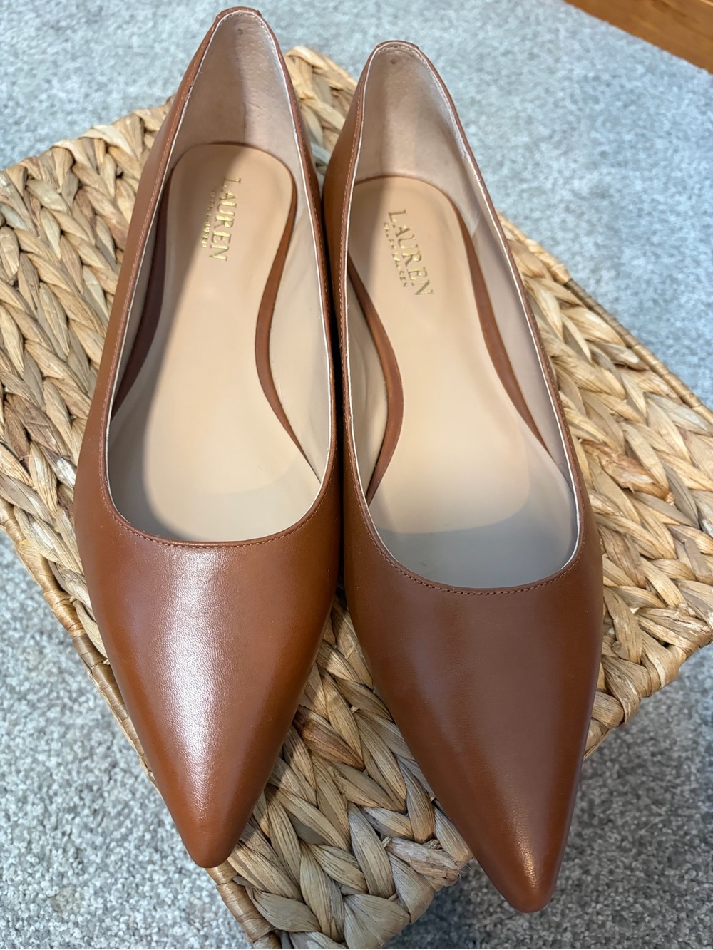 Lauren Ralph Lauren Londyn Pointed Toe Ballet Leather Flat Tan Sz 11 Like New!
